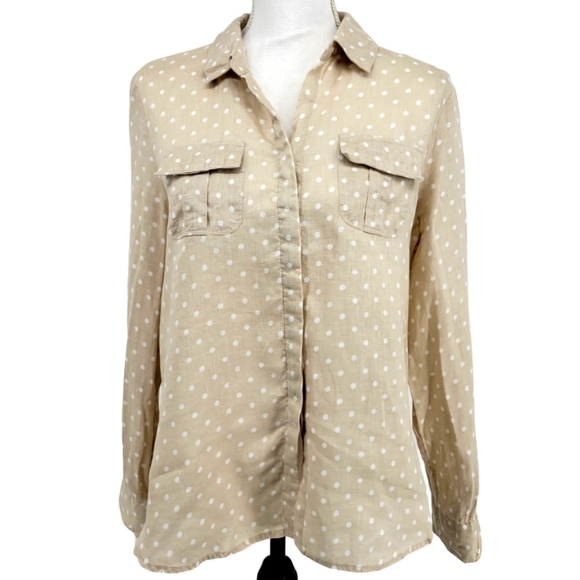 Charter Club 100% Linen Cream Color  White Polka  Dot Button Up Blouse - Picture 4 of 14